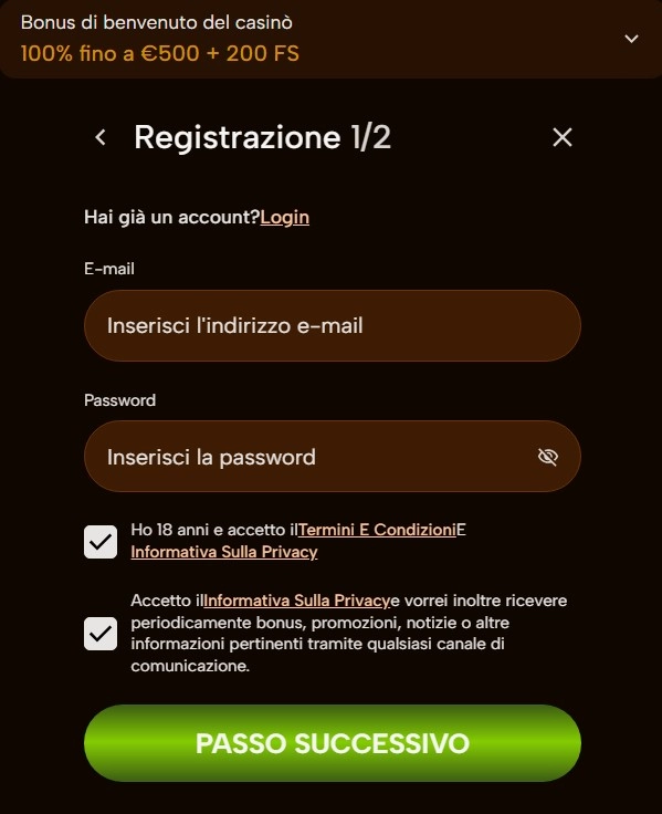 Passaggi veloci per registrare